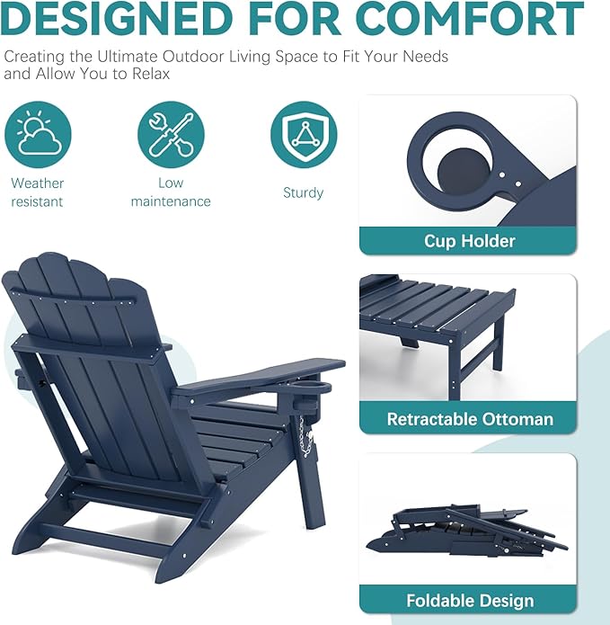 FOOWIN Adjustable Adirondack Chair with Retractable Ottoman Set of 8, Folding Adirondack Chair with Cup Holder, HDPE All-Weather Fire Pit Chair for Patio, Yard, Poolside, Navy Blue