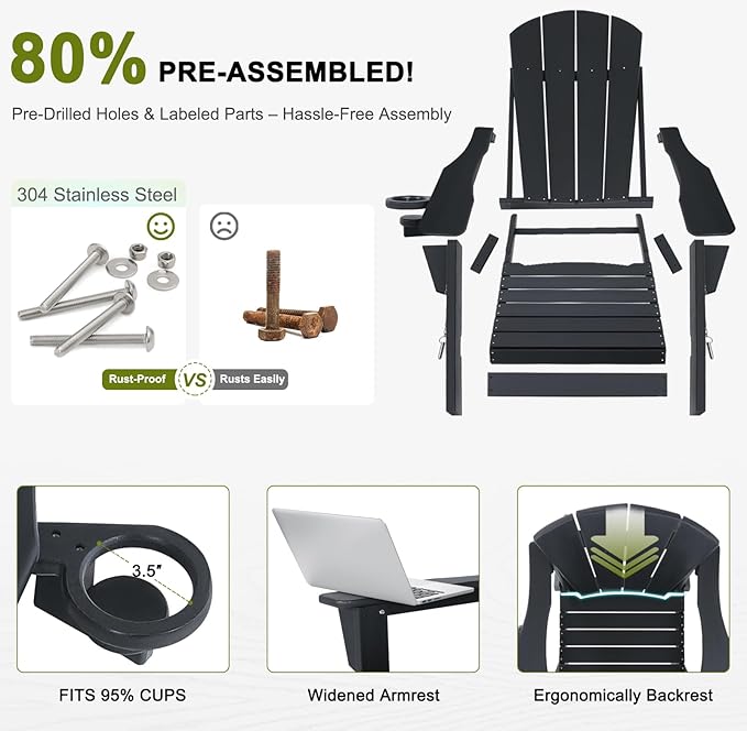 Outdoor Rocking Chair, HDPE Poly All-Weather Patio Rocking Chairs with Cup Holder for Adults, Porch Rocker for Deck Patio Balcony, 440lbs, Black