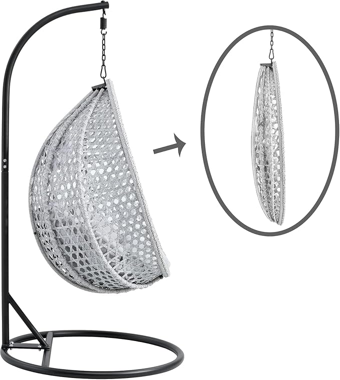 Hanging Egg Chair with Stand, Egg Swing Chair with Stand Indoor Outdoor,Grey Wicker Swing Egg Chair for Adults, Hammock Chair with Comfortable Cushion and Stable Round Metal Base for Bedroom Patio