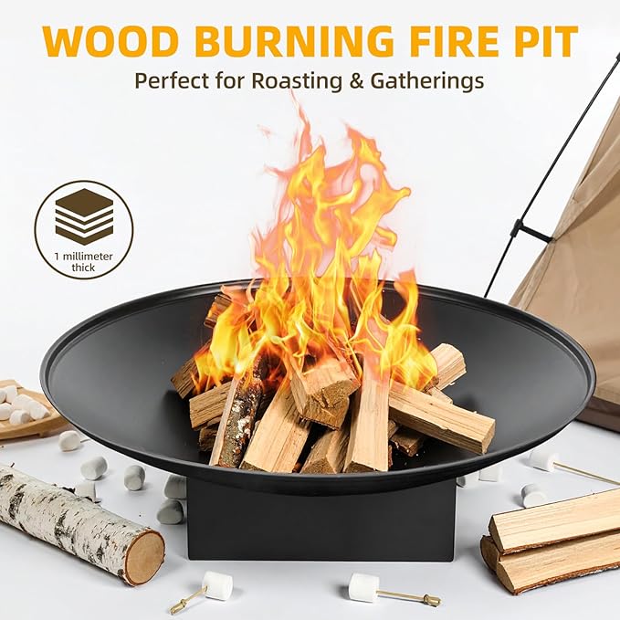 32 Inch Fire Pit for Outside, Outdoor Wood Burning Fire Pit Table with Grill & Cover Lid, Large Portable Firepit for Backyard Patio Camping