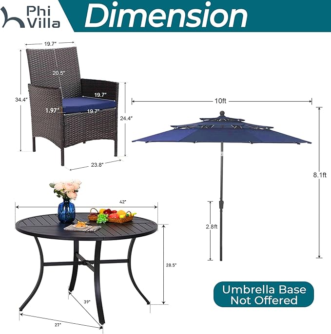 PHI VILLA 5 Piece Outdoor Dining Set with Umbrella for 4, Round Metal Steel Dining Table & Wicker Chairs with Cushions & Blue Umbrella, Modern Furniture for Patio, Deck, Yard, Porch