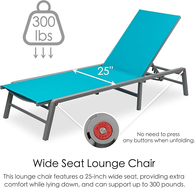Kozyard 3 Packs Lounge Chair Outdoor Set Foldable Outdoor Lounge Chair with 5 Adjustable Backrest, Patio Lounger, Recliner and Full Flat Chairs for Patio, Beach, Pool (2 Aqua Textilence W/Table)