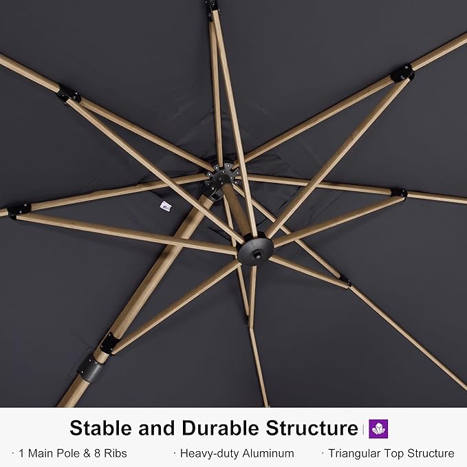 PURPLE LEAF 10‘ x 13’ Rectangle Patio Cantilever Umbrella Large Hanging Umbrella Teak Finished Aluminum Frame Windproof Offset Outdoor Sun Umbrellas for Beach Pool Deck, Grey