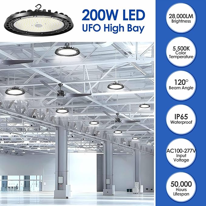 LED High Bay Light 200W PREM 4-Pack, 12' UFO Commercial Lighting Fixture w/Plug for Garage Shop Warehouse Workshop, 5000k 28000lm Dimmable IP65 UL ETL Listed (Count of 4)