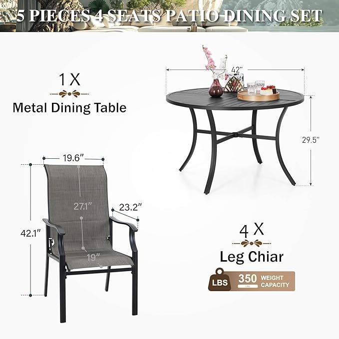 HERA'S HOUSE 5 Pieces Patio Dining Set, Outdoor Dining Set for 4, 4 x Testilene Dining Chair, 1 x 42” Round Metal Dining Table, for Lawn Garden Backyard