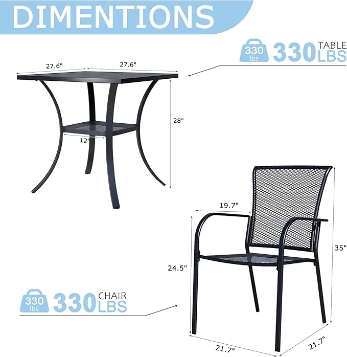 3 Piece Outdoor Dining Set, Patio Dining Set for 2, 27.6" Metal Square Table with 2 Black Metal Mesh Outdoor Dining Chairs with Armrest for Lawn, Garden, or Porch
