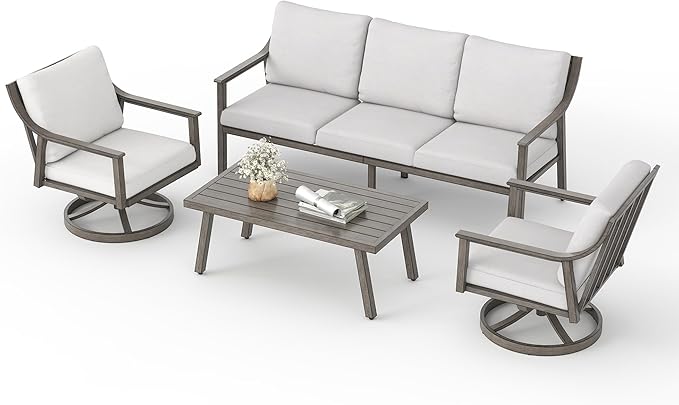 Patio Conversation Sets 4 Pieces - Aluminum 3 Seater Sofa Outdoor Furniture Sets with Thick Cushion, Coffee Table and Swivel Chairs Set of 2, Rustproof and Waterproof for Porch Deck Yard, Grey