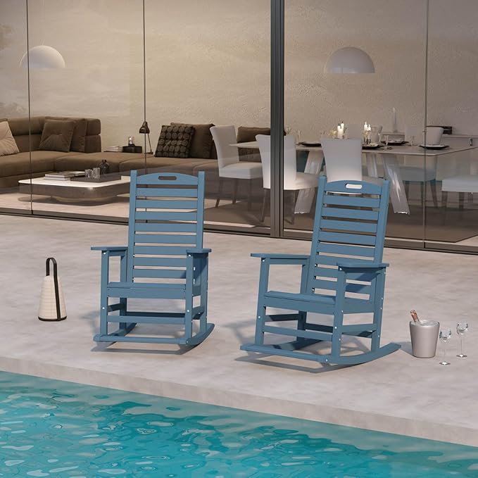 Navy Blue Outdoor Rocking Chairs Set of 2 with Footrest, Side Table & Beige 9FT Patio Umbrella, HDPE Rocking Lawn Chair for Garden, Poolside, Deck, Weatherproof Porch Rocker