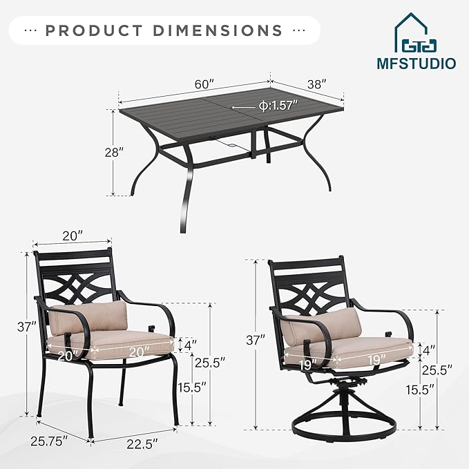 MFSTUDIO Patio Table and Chairs Set of 6, Patio Dining Sets for 6 with Umbrella Hole, Patio Furniture Set Outdoor Dining Set for Deck Backyard Garden