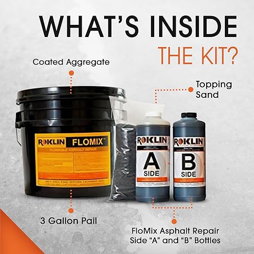 Roklin Systems, Inc. - FloMix Rapid Asphalt Repair, Quick-Drying Spall, Floor & Asphalt Crack Filler, Simple-to-Apply Driveway Sealer (Black, 3 Gallon Kit)