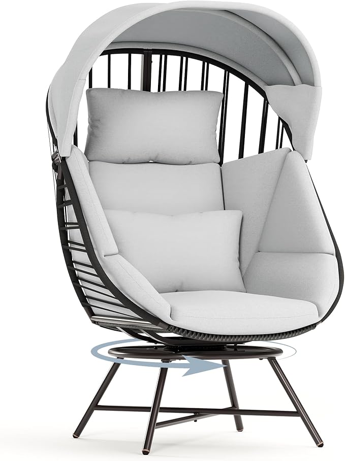 LAUSAINT HOME Oversized 360° Swivel Egg Chair with Cushion & Sunshade Brim, Indoor & Outdoor Egg Chair for Patio, Lounge, Balcony, Grey Cushion & Black Frame