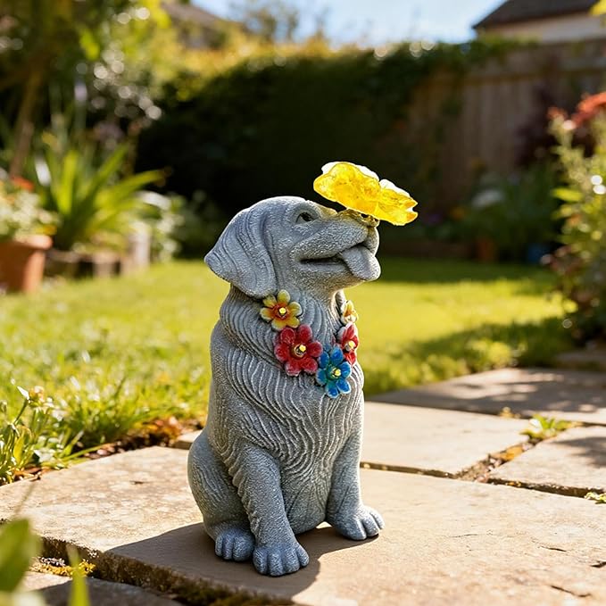Loyal Puppy Garden Statue with Solar Butterfly Light - Adorable Dog Figurine with Flower Garland - Outdoor Decor for Patio & Pet Memorial Gift - Christmas Housewarming Birthday Gifts for Grandma Mom