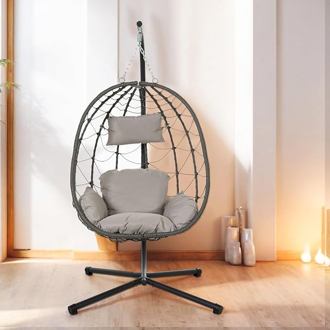 Hanging Egg Chair with Stand Egg Chair Indoor Outdoor, Patio Swing Hammock Egg Chairs, UV Resistant Removable & Washable Thicken Padded Cushions, 350LBS Capacity for Bedroom, Balcony, Garden