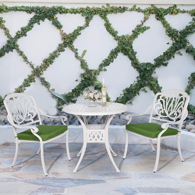 VIVIJASON 3-Piece Patio Bistro Sets, All-Weather Cast Aluminum Bistro Table Set Outdoor Patio Furniture, Include 2 Cushioned Chairs and 31" Round Table, 2" Umbrella Hole, White