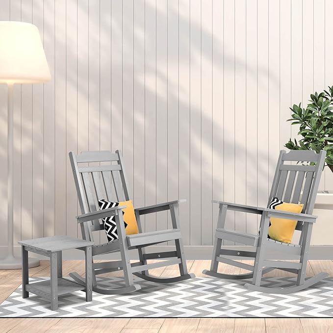 Rocking Chair, All Weather Resistant Poly Lumber Outdoor Porch Rocker, Rocking Chairs for Outdoor, Indoor, Patio, Deck, Garden, Backyard, Load Bearing 380 lbs - Grey