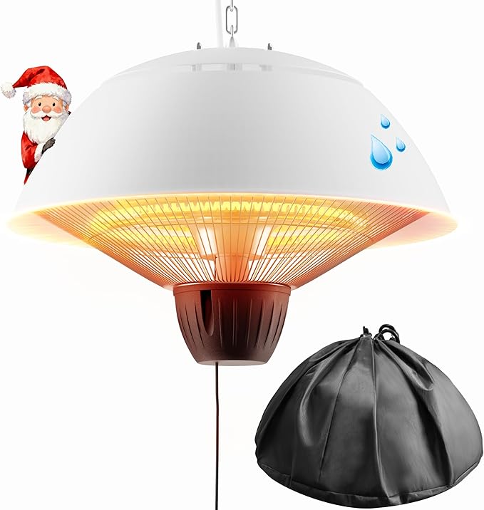 Electric Outdoor Heater, 1500W Hanging Ceiling Mounted Infrared Patio Heater for Outdoor Use, Waterproof Electric Heater for Porch, Balcony, Garage, Adjustable Height, White