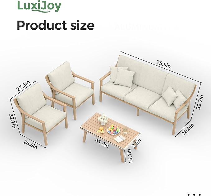 Patio Conversation Sets 4 Pieces - Aluminum 3 Seater Sofa Outdoor Furniture Sets with Thick Cushion, Coffee Table and Chairs Set of 2, Rustproof and Waterproof for Porch Deck Yard, Beige
