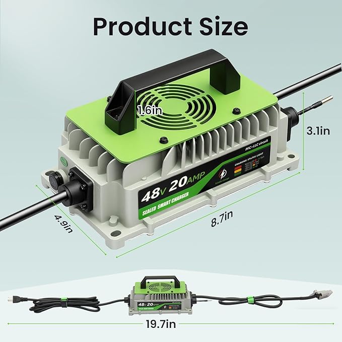 20 AMP 48 Volt Golf Cart Battery Charger 48V Lithium Battery Charger LiFePO4 Charger for Club Cars RVs Boats Cars Forklift Truck 1000W IP65 Waterproof with Cooling Fan 2 Connectors