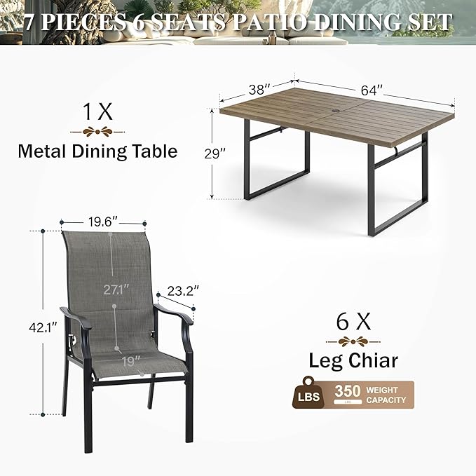 HERA'S HOUSE 7 PCS Patio Dining Set, Outdoor Dining Set for 6, 6 x All Weather High Back Padded Dining Chair, 1 x 63 Rectangular Large Wood Like Dining Table for Lawn Garden