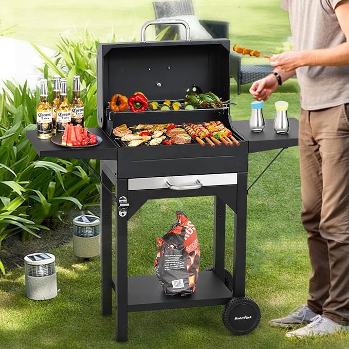 MASTER COOK Charcoal Grills with Two Side Tables, 17'' Outdoor Smoker Barbecue bbq grill for Camping, Patio,Backyard Party, Picnic, Black