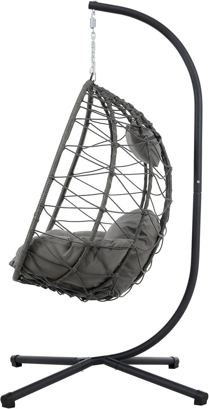 Wicker Hanging Chair with Stand,Indoor/Outdoor Swing Egg Chair with Cushion,Hammock Chair for Bedroom Living Room Patio Balcony Porch Garden,350Lbs Capacity Dark Gray 1 Seat