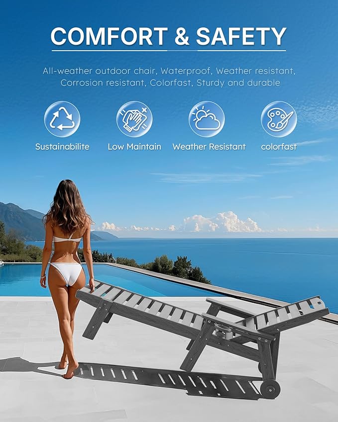 Chaise Lounge Chair Outdoor with Wheels, Oversize Patio Lounge Chairs with Wood Texture, 5-Position Plastic Lounge Chairs Set of 2-Grey(Separate Delivery)