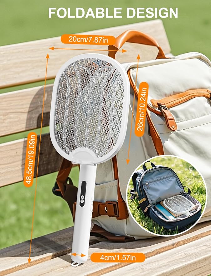 Electric Fly Swatter 4000V Bug Zapper Racket Foldable with Blue Light Dual Mode 1800mAh Rechargeable Battery 5-Layer Safety Mesh for Indoor & Outdoor