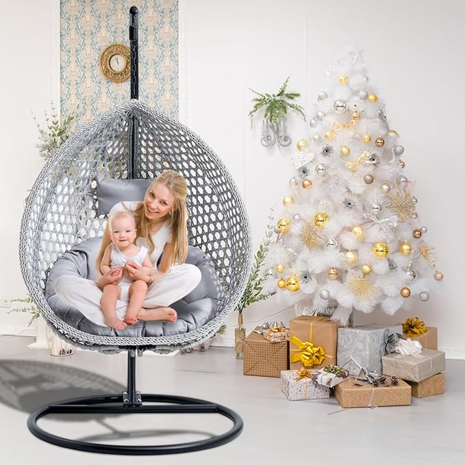 JUFU Egg Swing Chair with Stand,Hanging Egg Chair Indoor Outdoor,Hammock Hanging Basket Chair with Aluminum Steel Frame,Patio Egg Chair with Removable Cushions for Patio Balcony Backyard,Bedrooms