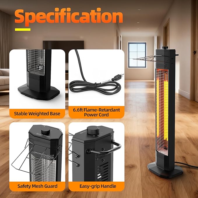 Outdoor Electric Patio Heater, Haimmy 34- inch Outdoor Electric Patio Heater, 1500W Instant Heating, 3 Heat Levels, Tip-Over & Overheat Protection, IPX5 Waterproof Tower Space Heater