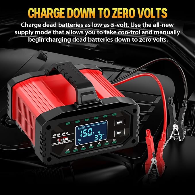 YONHAN 15A Battery Charger, Adjustable Current Car Battery Charger,12V/24V LiFePO4 Lead Acid Trickle Charger, Desulfator with Temperature Compensation for AGM, STD, Gel, Deep Cycle Batteries