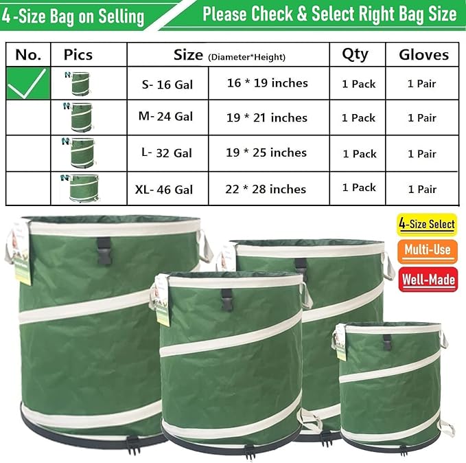16-Gallon Collapsible Trash Can (16x19 in) Hard-Shell Bottom Yard Garden Bag for Pop-Up Trash Can,Recycling Bin,RV Camping Waste Bin,Laundry Hamper,Lawn Grass,Leaf Bag,Weed Basket,Yard Waste Container