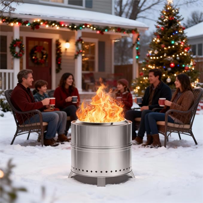 Breezz Smokeless Fire Pit 19.3 Inch Stainless Steel Outdoor Wood Burning Firepit with Carry Bag, Portable Bonfire Stove for Backyard, Patio, Camping, and Picnic, Efficient Airflow & Low Smoke Design
