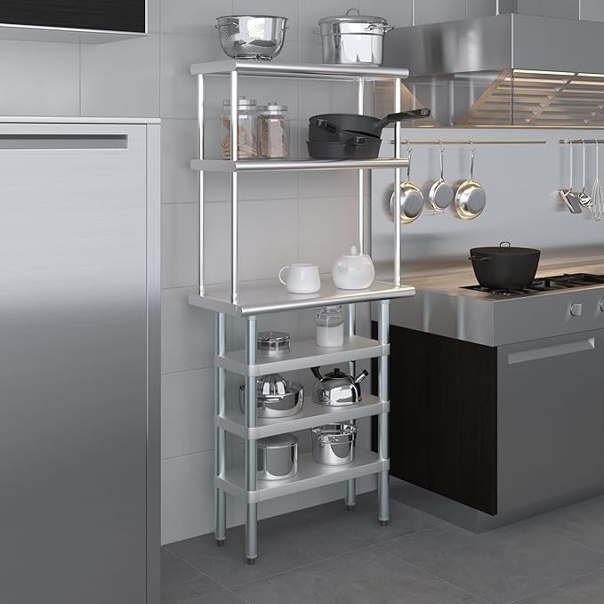 Amgood 14" x 30" Stainless Steel Work Table with 3 Shelves and 12" Wide Double Tier Overshelf | Metal Kitchen Prep Table & Shelving Combo | NSF