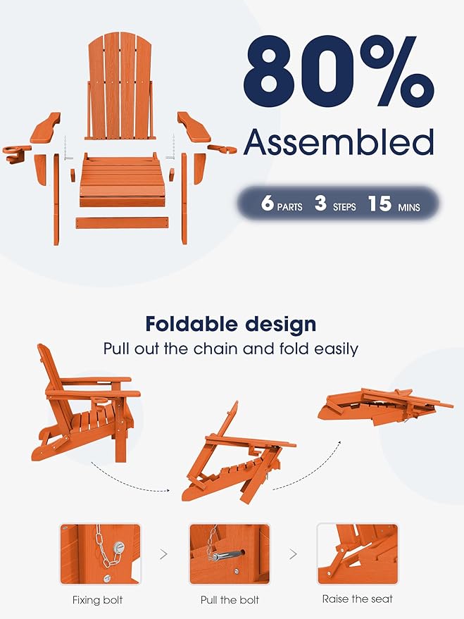 KINGYES Folding Adirondack Chair Set of 6, Dual Cup Holders & All-Weather HDPE, Wood-Like Patio Chair for Backyard, Camping, Pool & Fire Pit, Orange