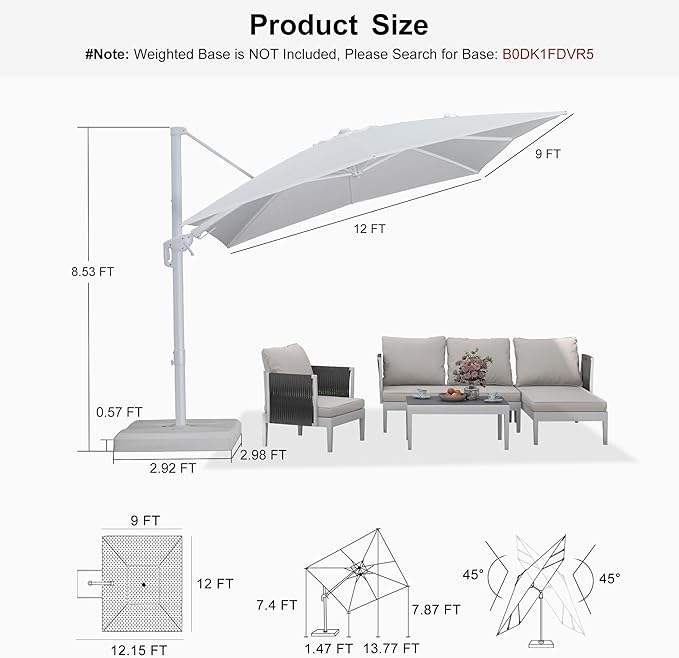 PURPLE LEAF 9' X 12' Right-left Tilt Patio Umbrella Swivel White Cantilever Umbrella with Tilt Aluminum Outdoor Umbrella with 360° Rotation for Deck Pool Garden, White