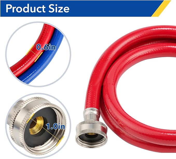 10 FT Rubber Washing Machine Hoses, Red and Blue Washer Hoses,Burst Proof Hot & Cold Water Connection Inlet Washer Supply Lines Universal for All Standard Wash Machines