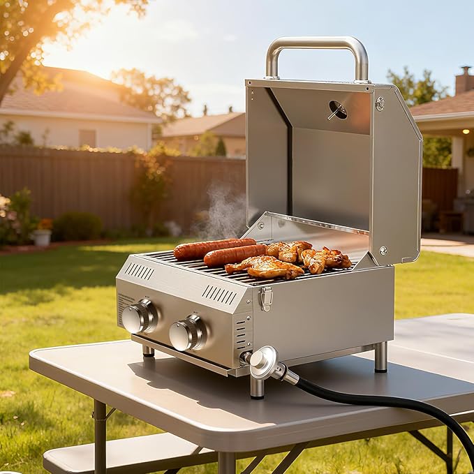 Llamaviva 2 Burners Tabletop Gas Grill Dual Fuel Adapter, 20,000 BTUs Portable Stainless Steel Propane Grill with Legs for Tailgating, Outdoor Patio Backyard Camping, and RV Trips