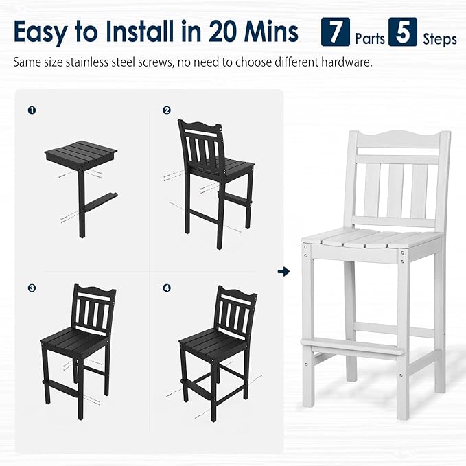 nalone Outdoor Bar Stool, HDPE Tall Adirondack Chair Bar Chair, Weather Resistance Bar Height Chairs for Balcony, Garden, Yard, Backyard (White, Bar Chair)