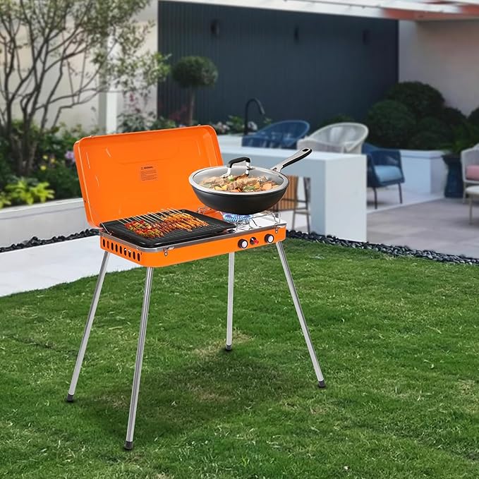 Dual Burner Camping Stove, 5860BTU*2 Portable Outdoor Gas Grill, Propane BBQ Cooker Tabletop Barbecue Stove with Detachable Legs & Windshield for Camping Tailgating Beach Parties and Backyard Cooking
