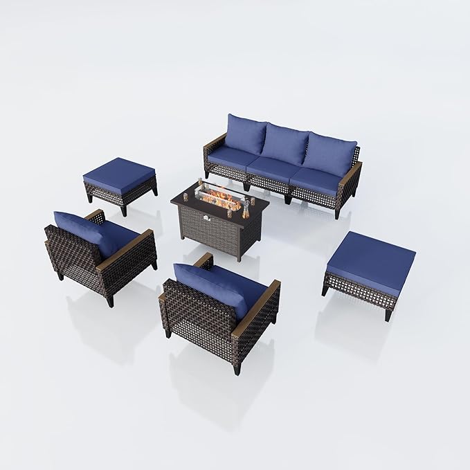8 Pieces Outdoor Patio Furniture Set, Wicker Rattan Conversation Set with Fire Pit Table and Foot Rest, Sectional Modular Sofa Couches Chairs Ottomans for Deck, Balcony, Backyard, Yard (Blue Cushions)