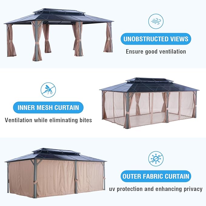 LeDoasis Nebula 12'x20' Outdoor Hardtop Gazebo, Permanent Aluminum Patio Gazebo, Polycarbonate Double Roof Canopy, Breathable Netting & Privacy Curtain Included,for Patio Lawn and Garden,Parties