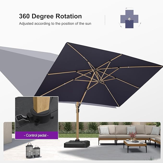 PURPLE LEAF 10‘ x 13’ Rectangle Patio Cantilever Umbrella With Base Large Hanging Umbrella Teak Finished Aluminum Frame Windproof Offset Outdoor Sun Umbrellas for Beach Pool Deck, Navy Blue