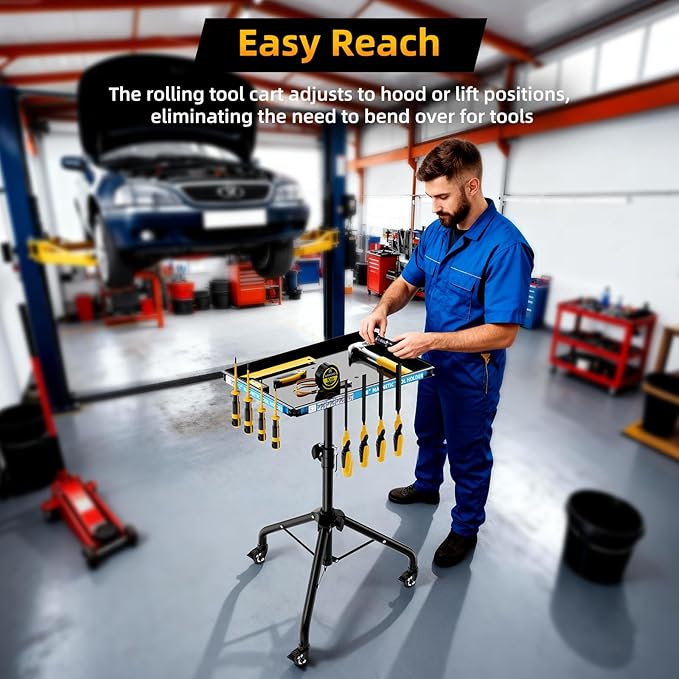 Rolling Tool Cart Adjustable Height Mechanics Tool Table with Magnetic Holders Durable Metal Tray 360° Swivel Casters Multi-Functional Tool Cart on Wheels Organizer for Garage Workshop Home Use