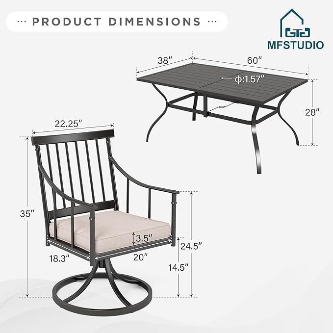 MFSTUDIO 7 Piece Patio Dining Sets, 6 Swivel Chairs with Removable Cushions and 1 Large Rectangle Metal Table with1.57” Umbrella Hole