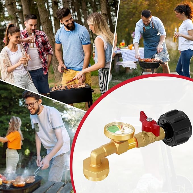 Propane Refill Adapter for 1 lb. Tanks, Propane Refill Elbow Adapter with Valve and Gauge, Propane Adapter 20lb to 1lb Converter with 4 Caps for 1 Pound Propane Bottles