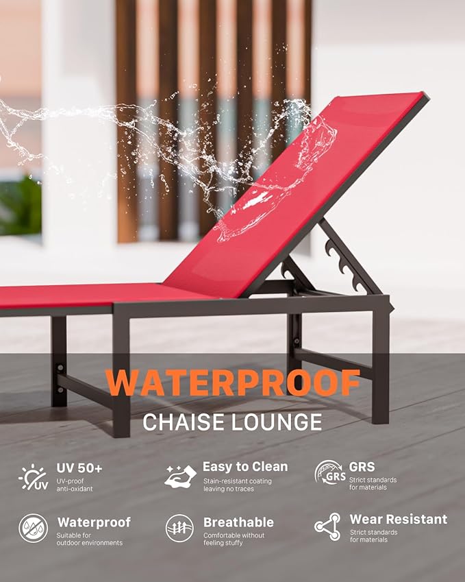 Chaise Lounge Chair Outdoor,Aluminum Patio Lounge Chairs Set of 2,Pool Lounge Chairs with 5 Adjustable Backrest and Headrest Pillows for Outside Beach,Red