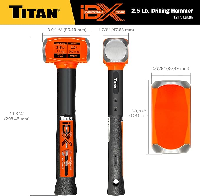 Titan iDX 63612 2.5lb Drilling Hammer, Sledgehammer with 12" Indestructible Handle Reinforced with Steel Locking Plates & Steel Bars, Vulcanized Rubber Grip, Overtstrike Protection