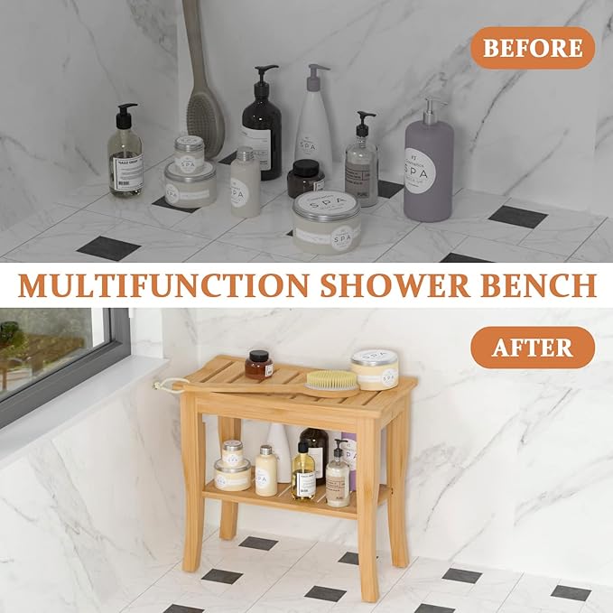 Domax Bamboo Shower Benches for Inside Shower - Bathroom Bench Seat Waterproof Wooden Shower Stool with Storage Shelf for Adults Elderly Seniors Wood Shower Chair for Bathtub or Small Spaces, Natural