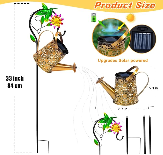 Solar Metal Watering Can with Hummingbrid Shepherd Hook and Cascading Lights - Outdoor Solar Lantern for Garden, Yard, Patio Decor and Gardening Gifts for Women Mother's Day