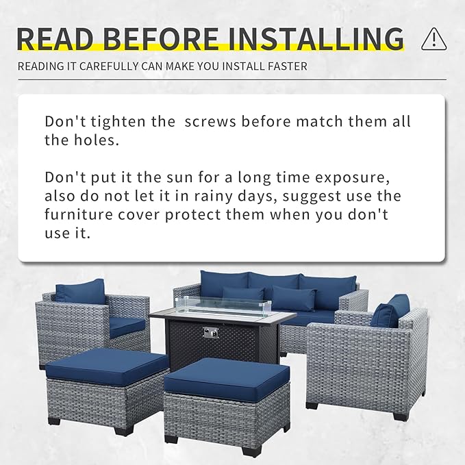 6 Pieces Wicker Patio Furniture Sets Outdoor Conversation Set PE Rattan Sectional Sofa Couch with 45" Fire Pit Table and Royal Blue Cushions
